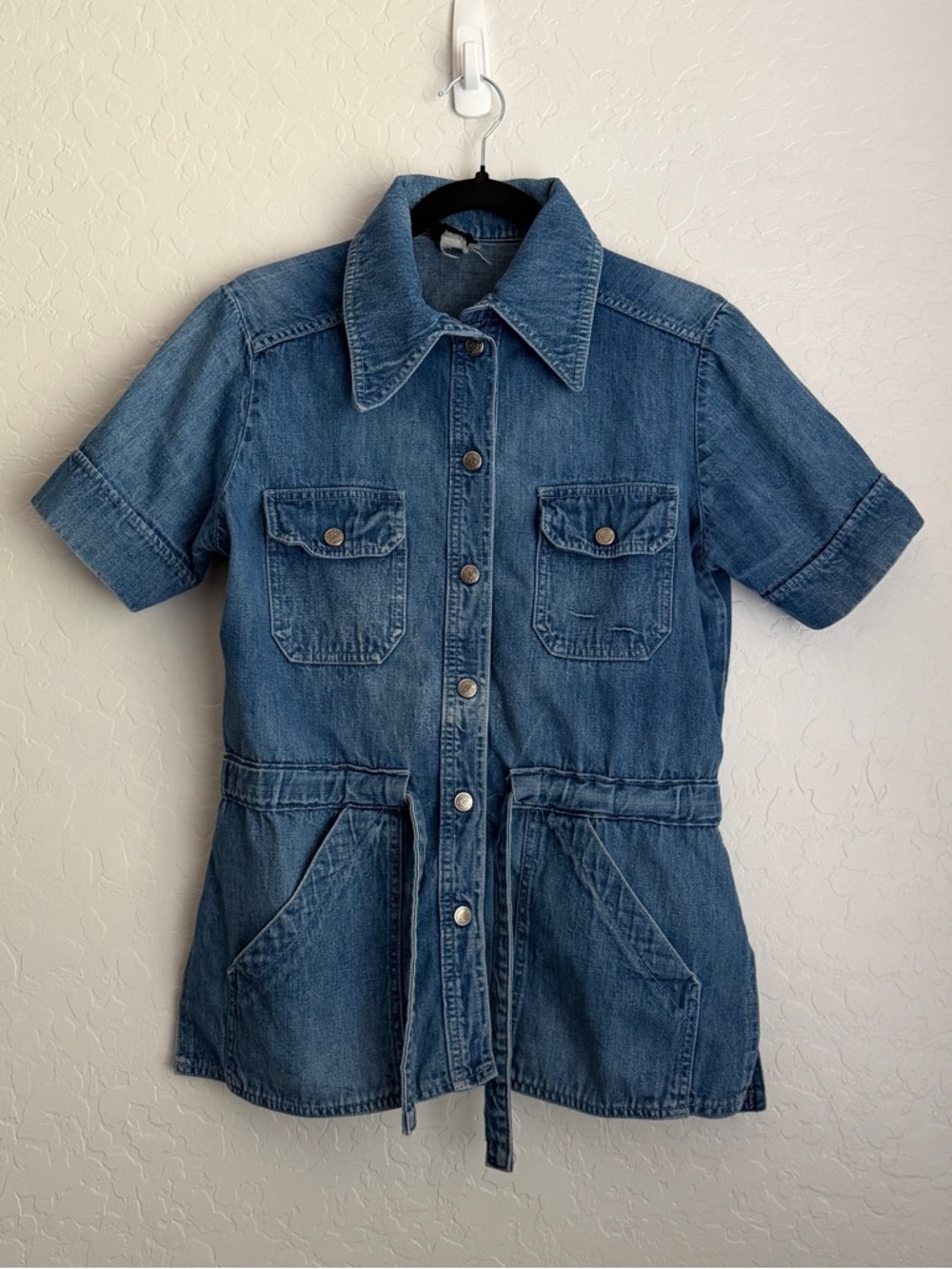 Mushroom Women's Vintage Snap Down Waist Tie Short Sleeve Top Denim Sz S/M